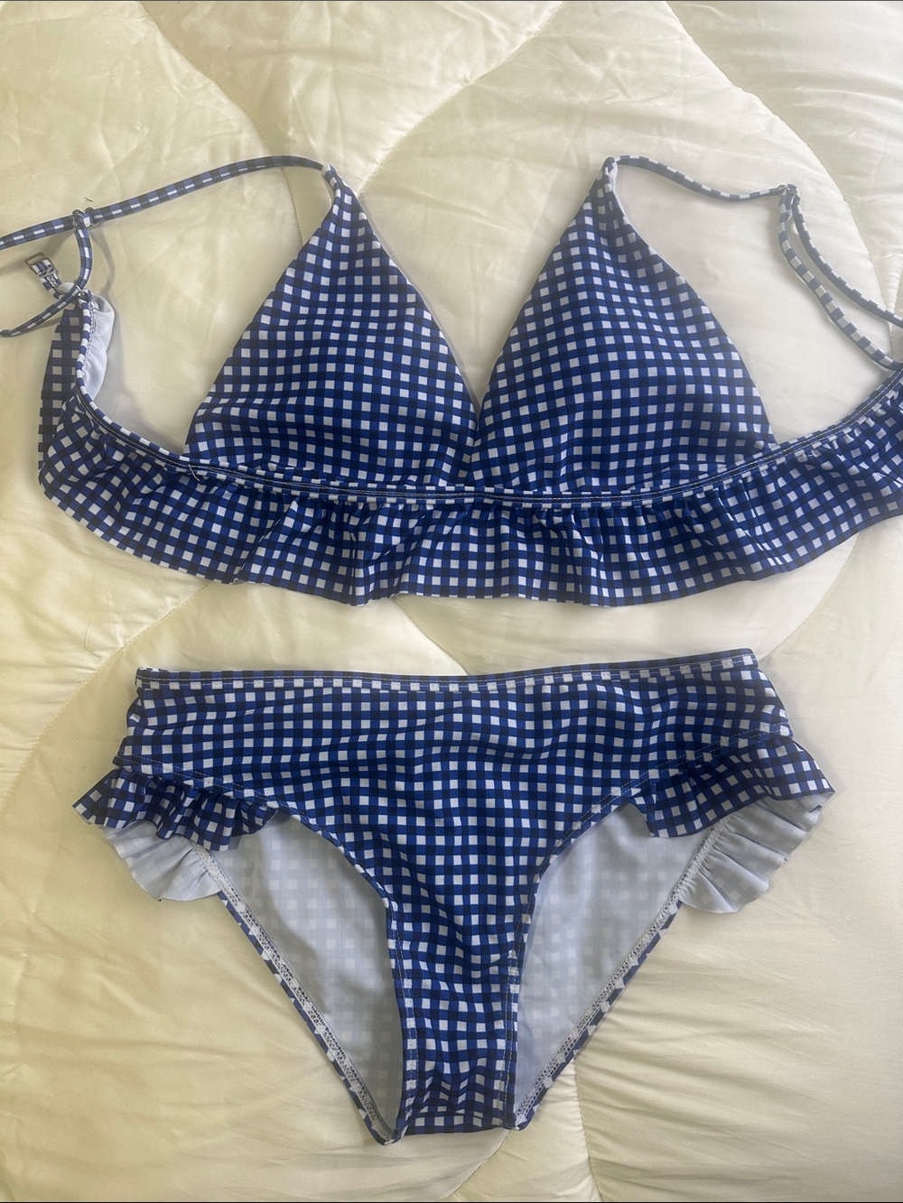 Women Navy Gingham Ruffle Two-Piece Swim Set